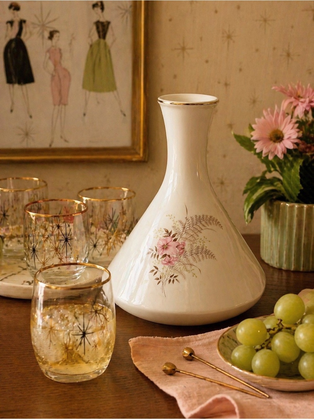 MCM Vintage 1960s Taylor Smith & Taylor Ceramic Carafe, Floral Vase